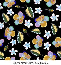 Watercolor painting effect, vector illustration of a hibiscus flower, blossom with multicolored leaves isolated hand drawn on black background. Hibiscus flowers in blue and green colors.