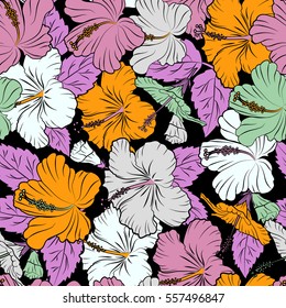 Watercolor painting effect, vector illustration of a hibiscus flower, blossom with multicolored leaves isolated hand drawn on black background. Hibiscus flowers in yellow and pink colors.