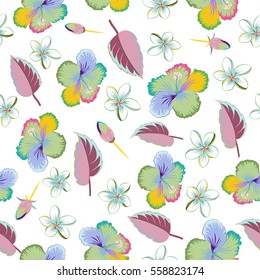 Watercolor painting effect, vector illustration of hibiscus flowers, buds, blossom with leaves isolated hand drawn on white background. Multicolor hibiscus flowers pattern.