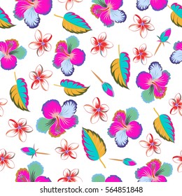 Watercolor painting effect, vector illustration of a hibiscus flower, blossom with multicolored leaves isolated hand drawn on white background. Hibiscus flowers in blue and pink colors.