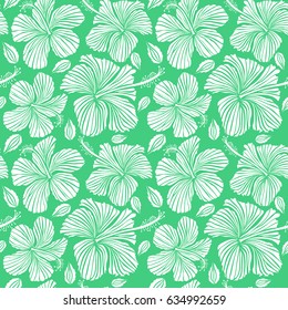 Watercolor painting effect, vector illustration of a hibiscus flower, blossom with multicolored leaves isolated hand drawn on green background. Hibiscus flowers in white color.