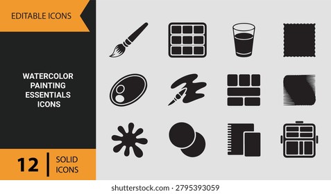 Watercolor painting essentials solid icons showcasing artistic supplies painting techniques creative resources and visual arts education materials
