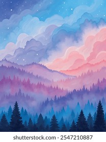 Pintura de acuarela de noche de fantasía de ensueño cielo y bosque. Cielo estrellado nocturno con nubes cúmulos, rosa, azul, estrellas. Naturaleza Vector skyscape.