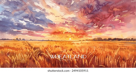 Watercolor painting of expansive golden wheat fields under a dramatic sunset sky