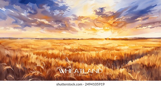 Watercolor painting of expansive golden wheat fields under a dramatic sunset sky