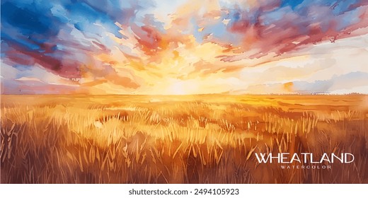 Watercolor painting of expansive golden wheat fields under a dramatic sunset sky