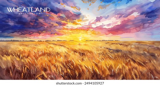 Watercolor painting of expansive golden wheat fields under a dramatic sunset sky