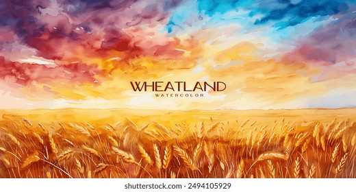 Watercolor painting of expansive golden wheat fields under a dramatic sunset sky