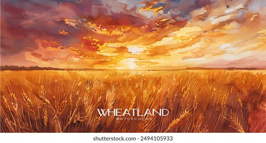 Watercolor painting of expansive golden wheat fields under a dramatic sunset sky