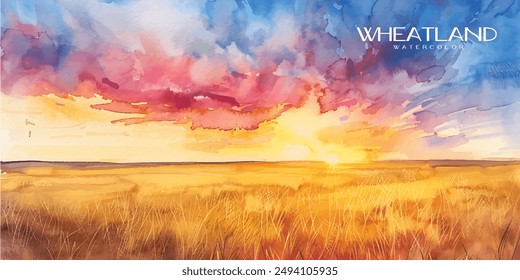 Watercolor painting of expansive golden wheat fields under a dramatic sunset sky