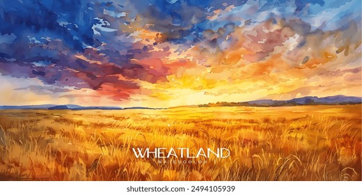 Watercolor painting of expansive golden wheat fields under a dramatic sunset sky