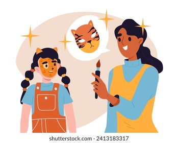 Máscara facial de pintura acuarela. Mujer con pincel aplica pinturas a la cara de las niñas. Abundancia y ocio, juegos de entretenimiento para los niños. Dibujo vectorial plano de dibujos animados aislado en fondo blanco