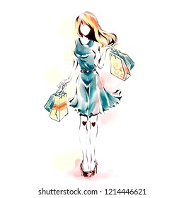Watercolor painting, fashion illustration. Standing elegant woman in fashionable dress holding dozen of shopping bags. Girl at full length. Sales and shopping theme.
