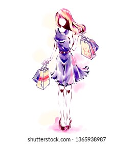 Watercolor painting, fashion illustration. Standing elegant woman in fashionable dress holding dozen of shopping bags. Girl at full length. Sales and shopping theme.