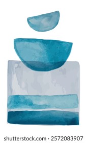 Watercolor painting featuring abstract shapes in shades of blue and grey, creating a balanced and harmonious composition, perfect for minimalist and modern interior design projects