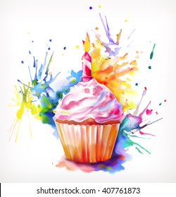 Watercolor painting, festive cupcake with candle, vector illustration, isolated on a white background