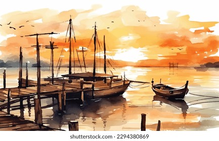 Watercolor painting of fishing boats in port stock illustration
