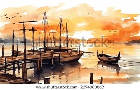 Watercolor painting of fishing boats in port stock illustration
