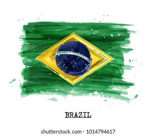 Watercolor Painting Flag Of Brazil . Vector .