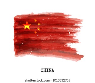 Watercolor painting flag of China . Vector .