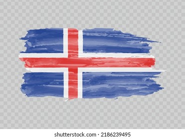 Watercolor painting flag of Iceland. Hand drawing brush stroke