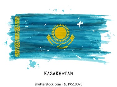 Watercolor painting flag of Kazakhstan . Vector .