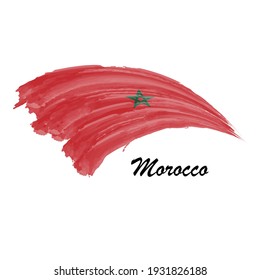 Watercolor Painting Flag Of Morocco. Hand Drawing Brush Stroke Illustration