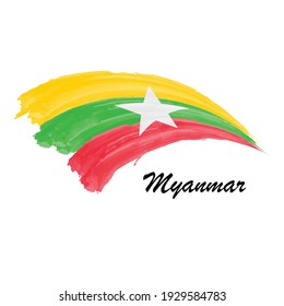 Watercolor painting flag of Myanmar. Hand drawing brush stroke illustration