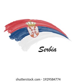Watercolor painting flag of Serbia. Hand drawing brush stroke illustration