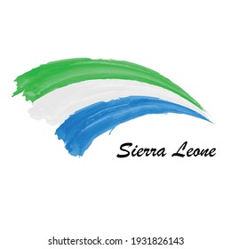 Watercolor painting flag of Sierra Leone. Hand drawing brush stroke illustration