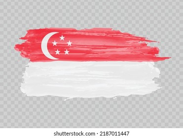 Watercolor painting flag of Singapore. Hand drawing brush stroke