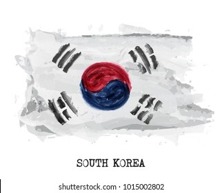 Watercolor painting flag of South korea . Vector .