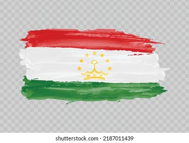 Watercolor Painting Flag Of Tajikistan. Hand Drawing Brush Stroke