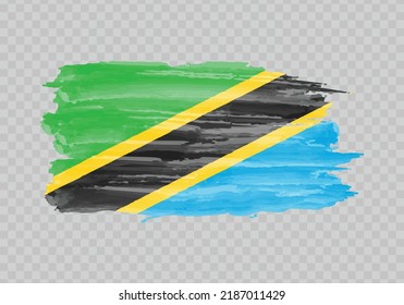 Watercolor painting flag of Tanzania. Hand drawing brush stroke