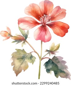 A watercolor painting of a flower with a green leaf.