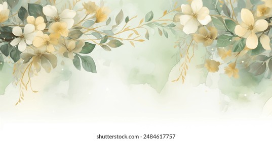 Watercolor painting of flowers and leaves on a green background. Captivating watercolor vector artwork of a collection of colorful flowers and lush foliage in a soft pastel palette. 