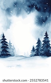 Uma aquarela pintando uma floresta com árvores e um céu. O céu está escuro e nublado, e há estrelas no céu. O clima da pintura é pacífico e sereno, com as árvores