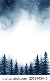 A watercolor painting of a forest with trees and a sky. The sky is filled with stars and the trees are tall and green. The mood of the painting is peaceful and serene