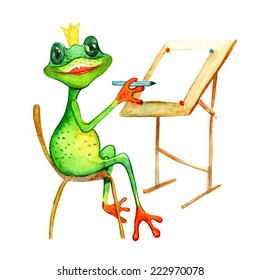 watercolor painting with a frog who is drawing