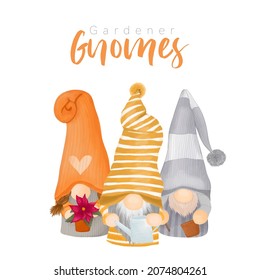 Watercolor painting of gardener gnomes. 