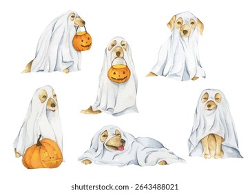 Watercolor painting of Ghost Dog. Trick or Treat. Hand Drawn Halloween Dogs Illustration. Spooky Pet Costume.