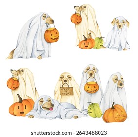 Watercolor painting of Ghost Dog. Trick or Treat. Hand Drawn Halloween Dogs Illustration. Spooky Pet Costume.