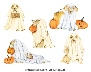 Watercolor painting of Ghost Dog. Trick or Treat. Hand Drawn Halloween Dogs Illustration. Spooky Pet Costume.