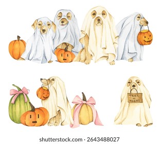 Watercolor painting of Ghost Dog. Trick or Treat. Hand Drawn Halloween Dogs Illustration. Spooky Pet Costume.