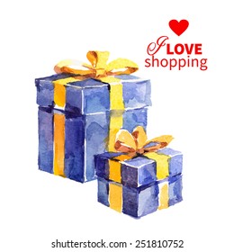Watercolor painting gift box with bow. Vector illustration