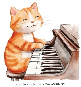 Watercolor painting of a ginger tabby cat sitting on a stool playing a piano with a happy expression and closed eyes.