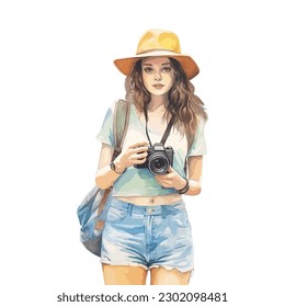 Watercolor Painting of a Girl with a Hat, Camera, and Stylish Summer Apparel, Holding camera with two hands