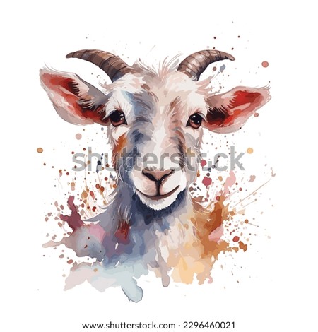 Watercolor painting of a goat with horns
