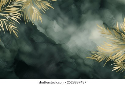 Pintura de acuarela de hojas de palma dorada dramática, fondo lavado con tinta. Verde oscuro y tonos dorados de diseño de Vector de atmósfera lujosa y exótica. Paisaje de inspiración china con colinas onduladas