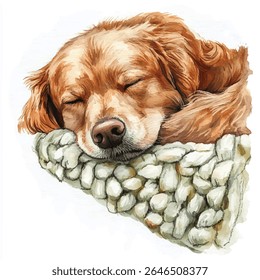 A watercolor painting of a golden retriever, eyes closed, resting its head on a chunky, knitted blanket, creating a serene and comforting scene.
